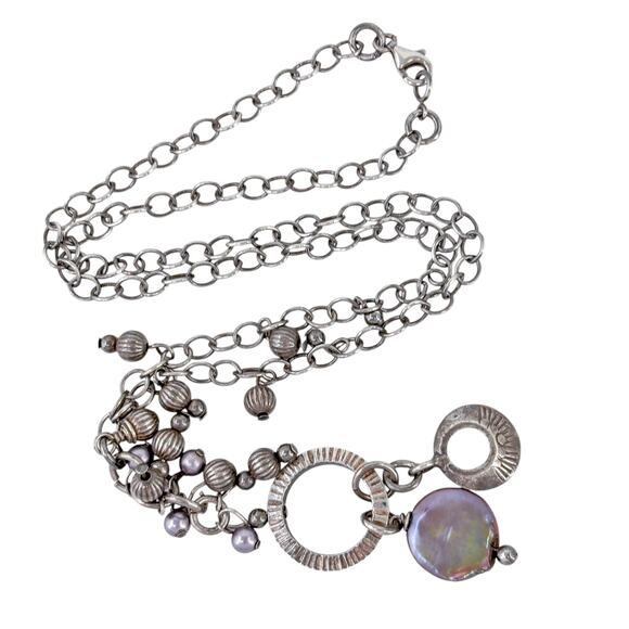 Purple Pearl Dangle Necklace | Sterling Silver 925 Layered Chain 17” - Picture 5 of 10